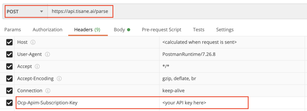 Screenshot: specifying the API key in Postman